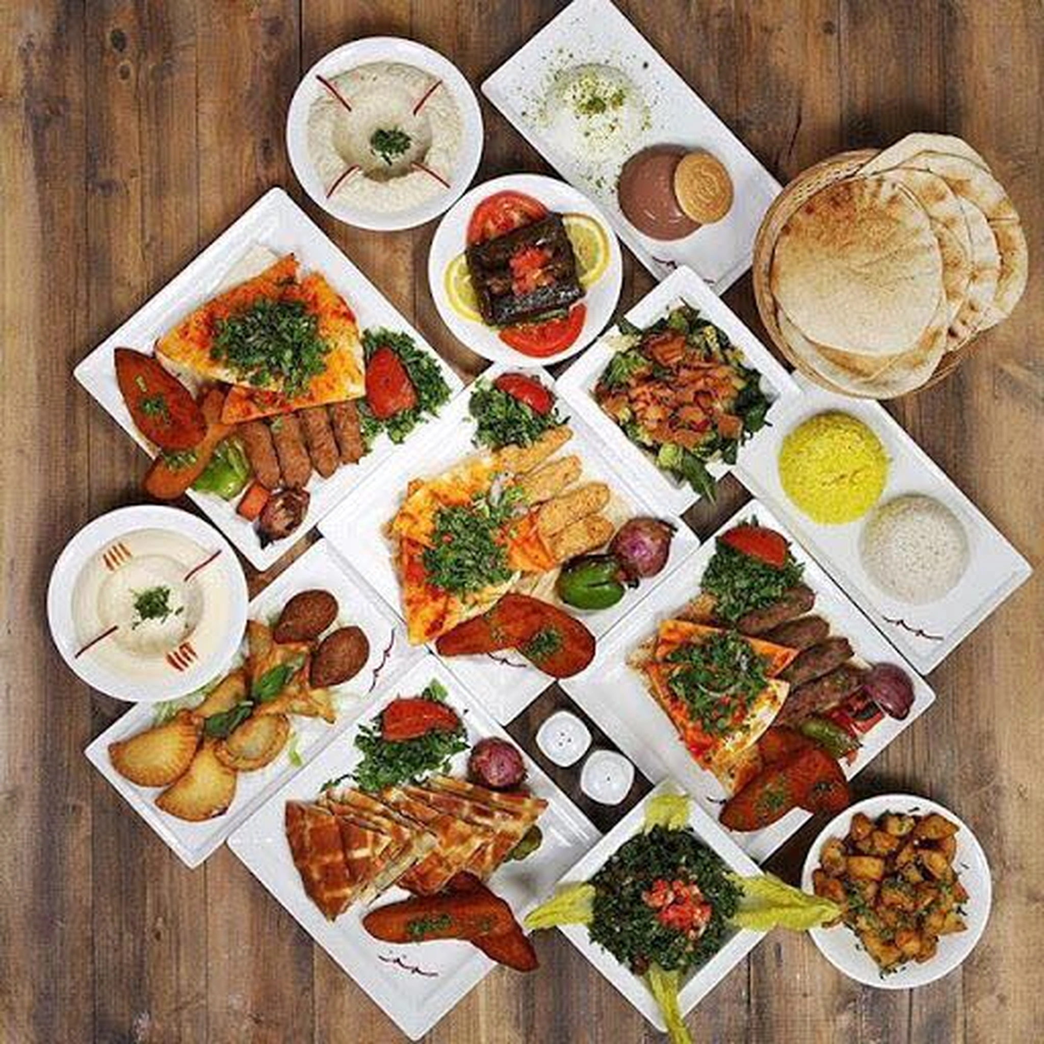 A top-down spread of David's Deli dishes